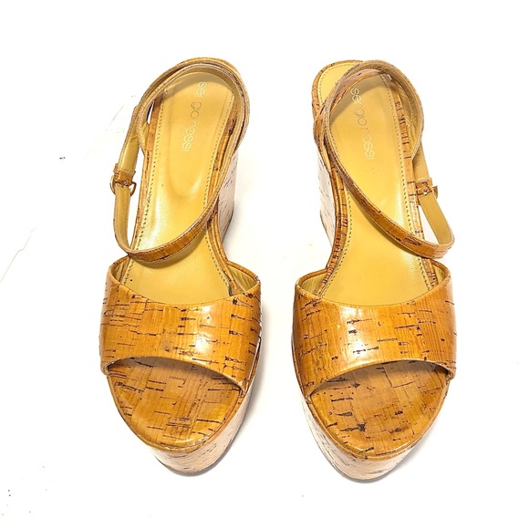 SERGIO ROSSI Camel Cork Platform Sandals w/ Ankle Strap - Picture 13 of 13